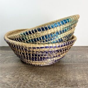 Woven baskets big 12” decor storage Boho coastal home set of two blue